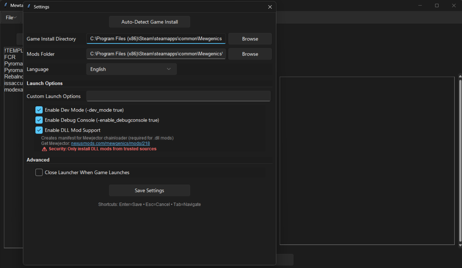 Mewtator Settings